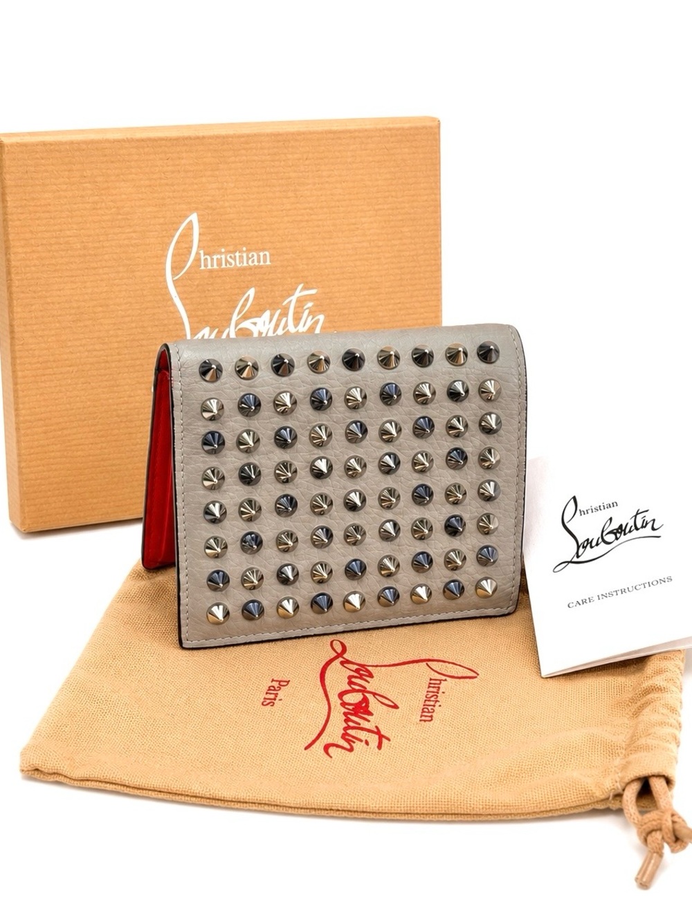 Christian Louboutin "Funky" Spiked Smoke Grey Compact Bifold Wallet W/ COA